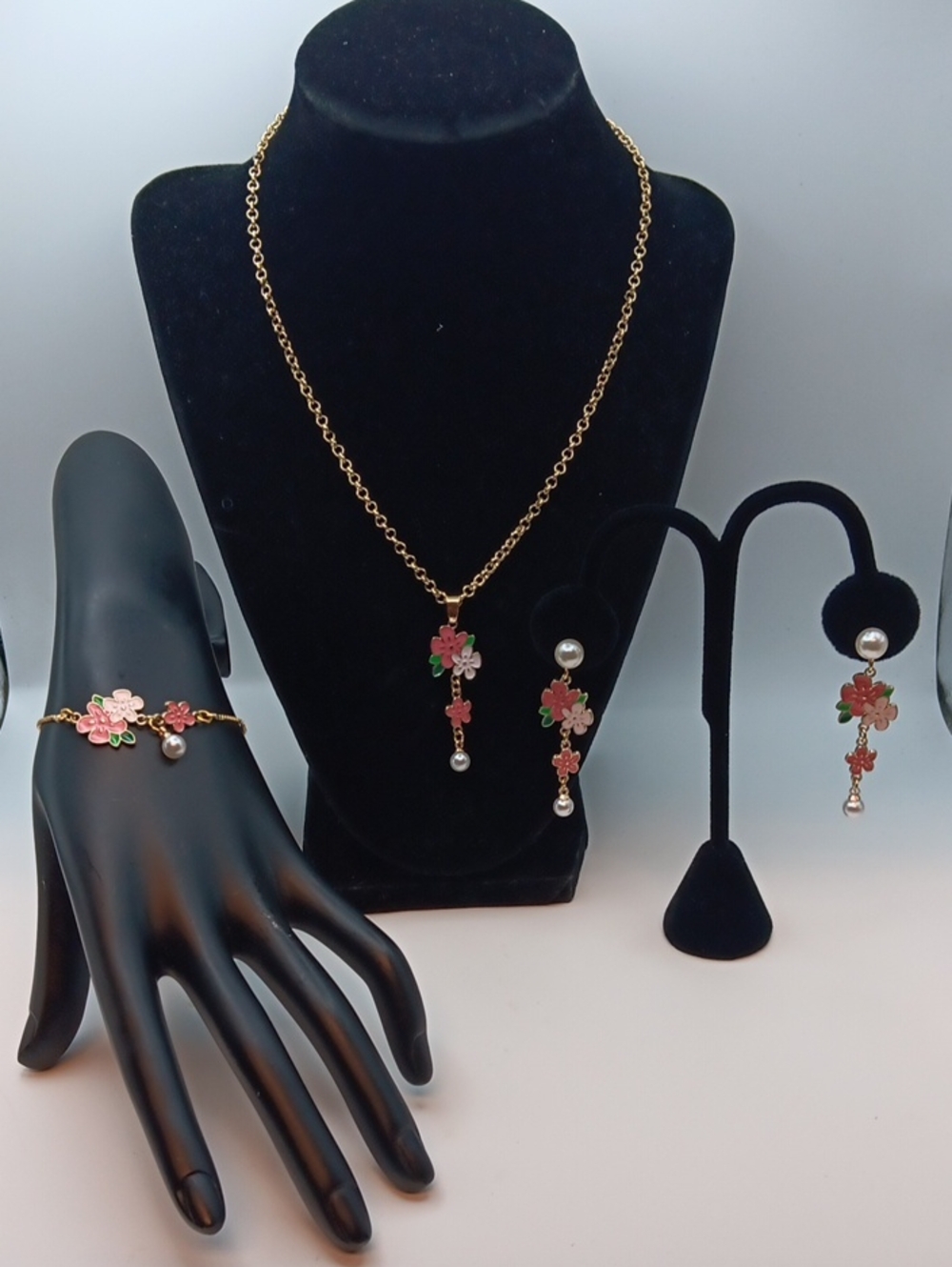 Handmade Gold Floral Pearl Drop Necklace & Earring Set - Pink and Green